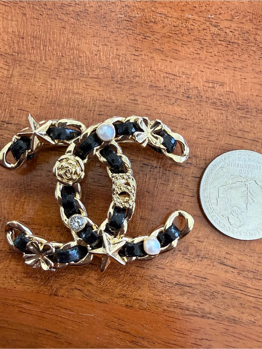 CC Upcycled Black and Gold Chain-Embellished CC Brooch with Pearls
